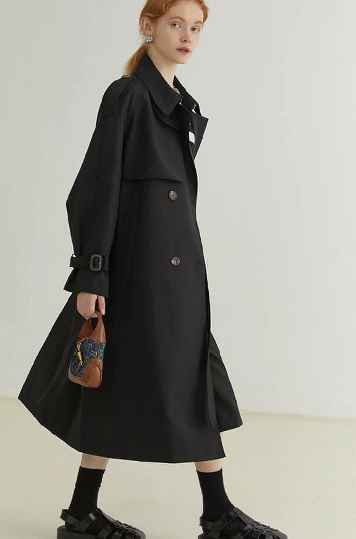 Women's oversized double-breasted melton trench coat classic epaulet shoulder design detail