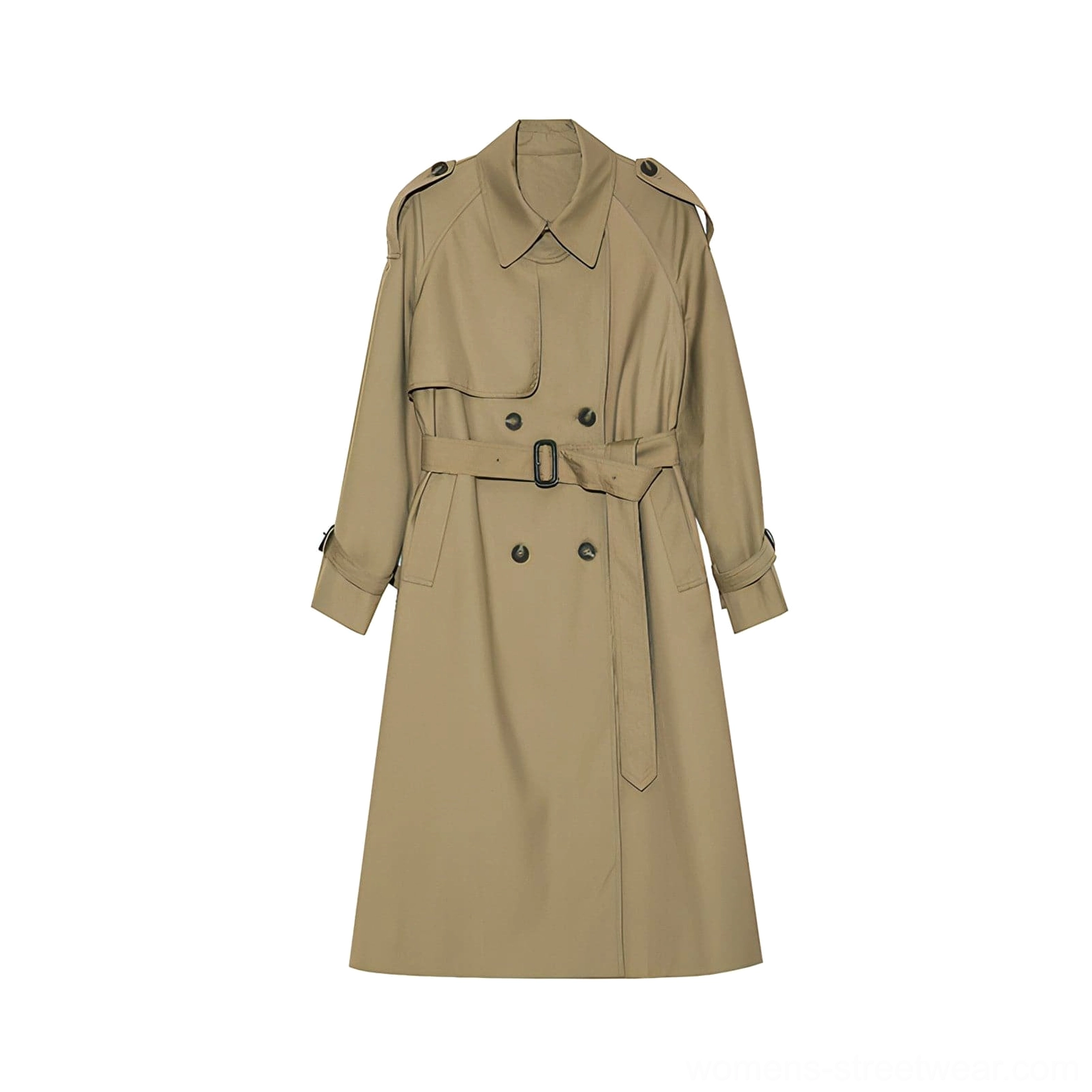 Khaki women's oversized double-breasted belted melton trench coat flat lay front view