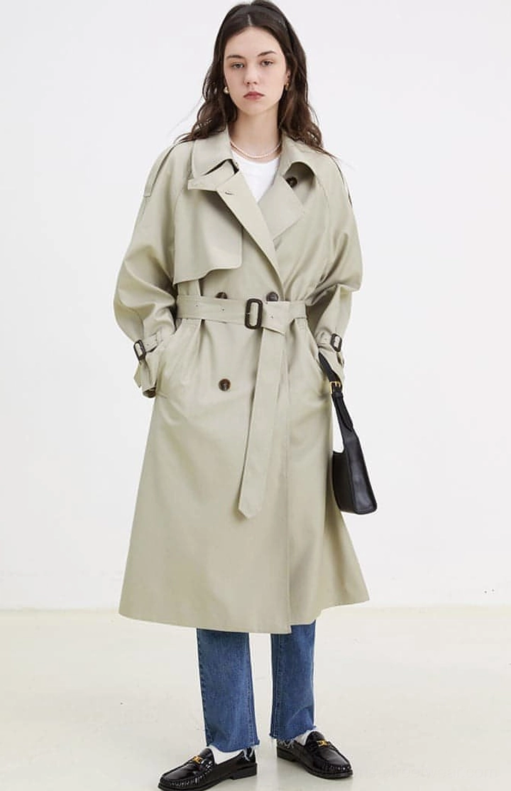 Women's oversized double-breasted melton trench coat relaxed Korean fashion layering outfit