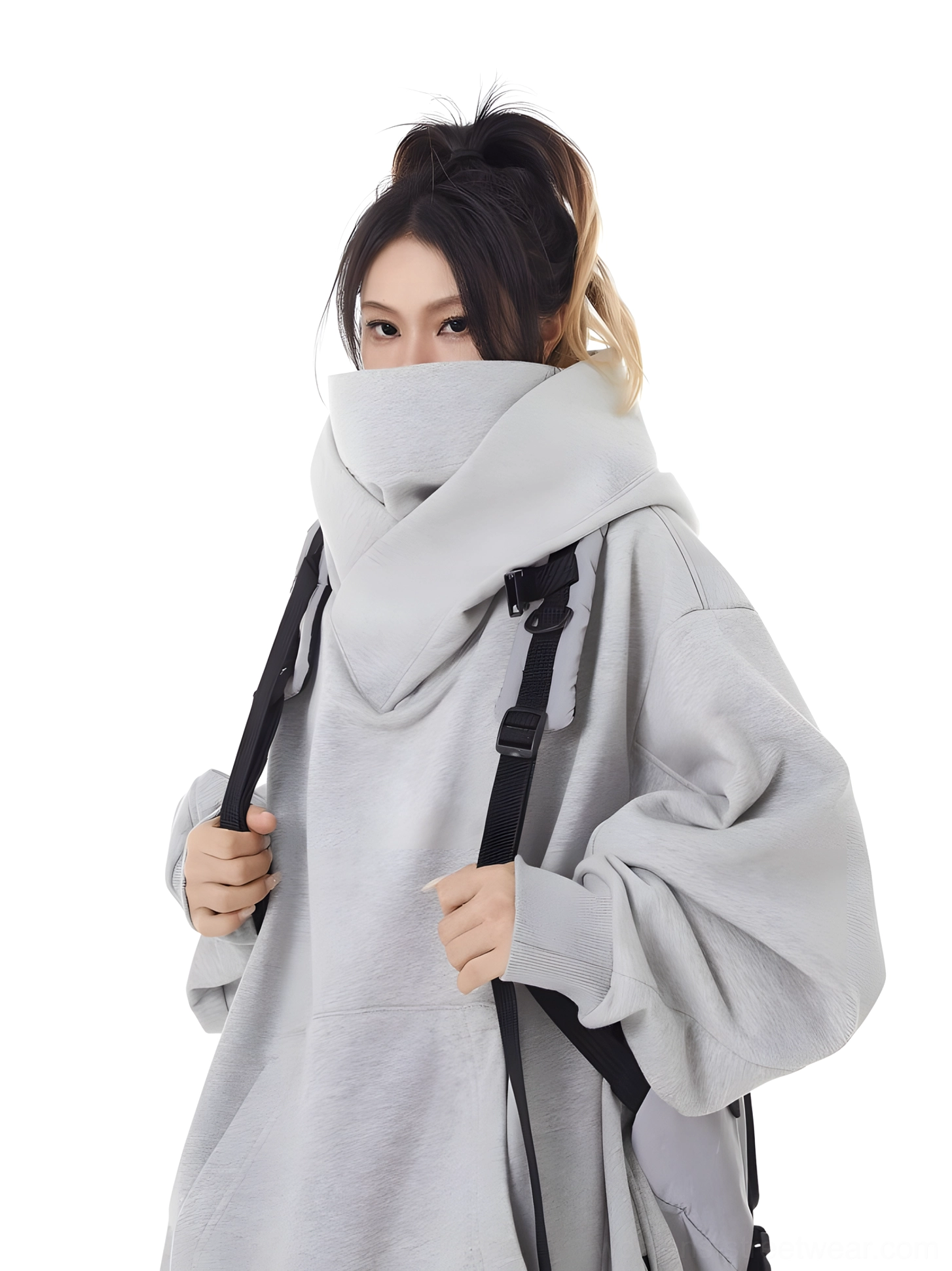 Women's oversized hooded pullover with high neck, relaxed fit, and adaptable black or gray streetwear styling