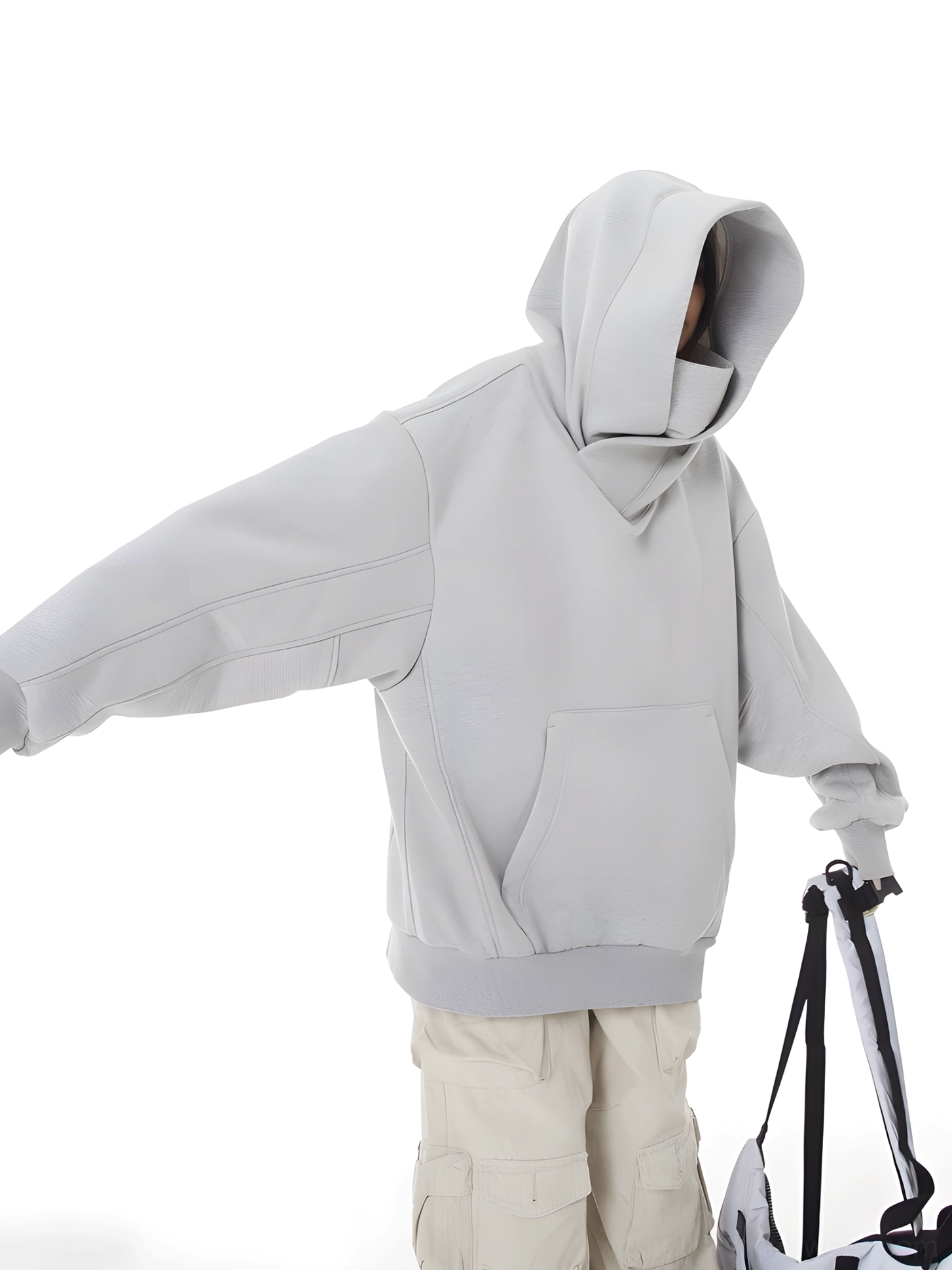Oversized women's hooded pullover with raised neck, relaxed sleeves, and versatile Y2K and acubi fashion styling