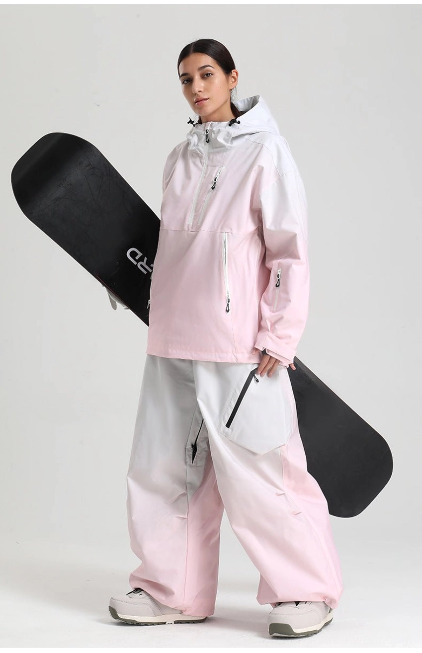 Women’s oversized waterproof ski anorak jacket adjustable hood technical snowwear detail