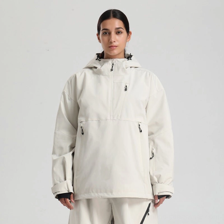 Women’s oversized waterproof ski anorak jacket contrast zipper pocket detail