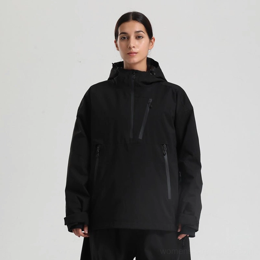 Women’s oversized waterproof ski anorak jacket hood and half zip pullover detail