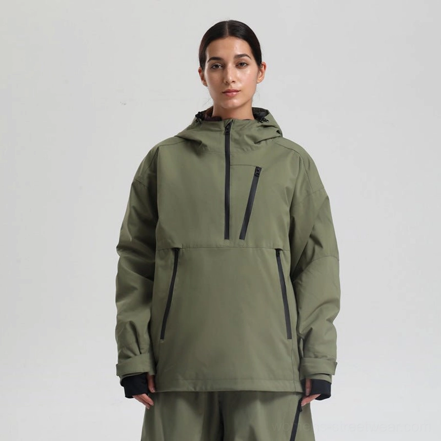 Women’s olive green waterproof ski anorak jacket with black contrast zips chest pocket and oversized fit