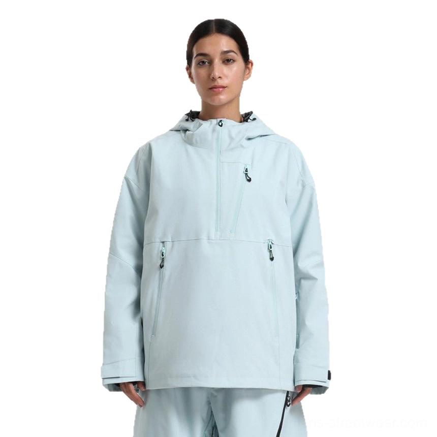 Women’s oversized pale blue waterproof ski anorak jacket with black contrast zippers and relaxed gorpcore fit