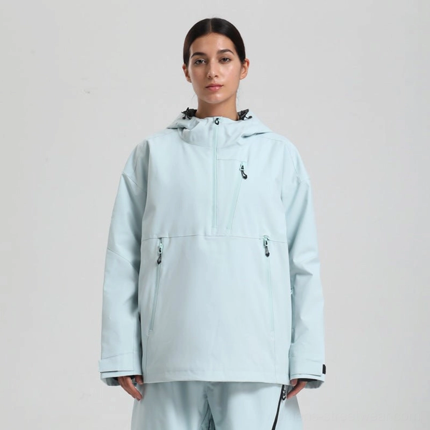 Women’s pale blue oversized waterproof ski anorak jacket with adjustable hood and matching outdoor pants