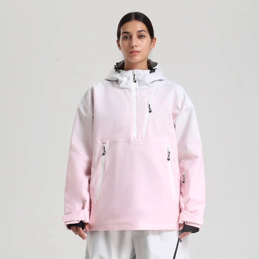 Women’s pink gradient oversized waterproof ski anorak jacket with hood and technical zip pockets