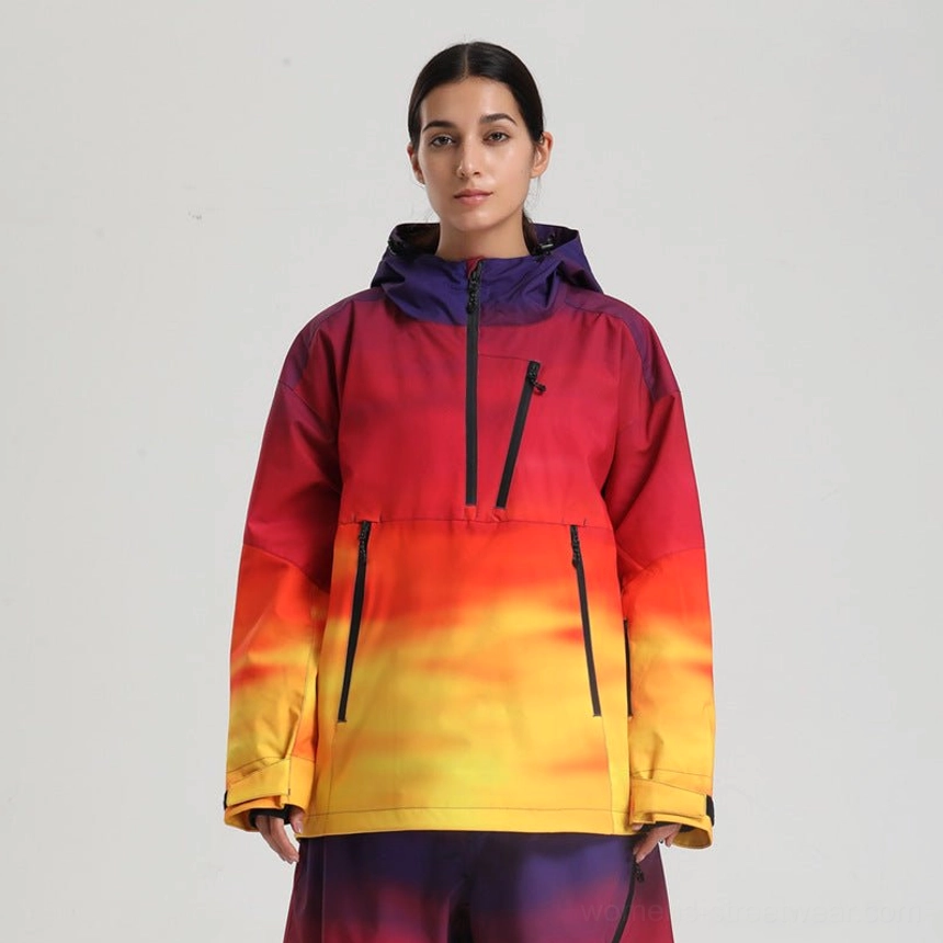 Women’s red and yellow gradient oversized waterproof ski anorak jacket bold snow park streetwear colorway