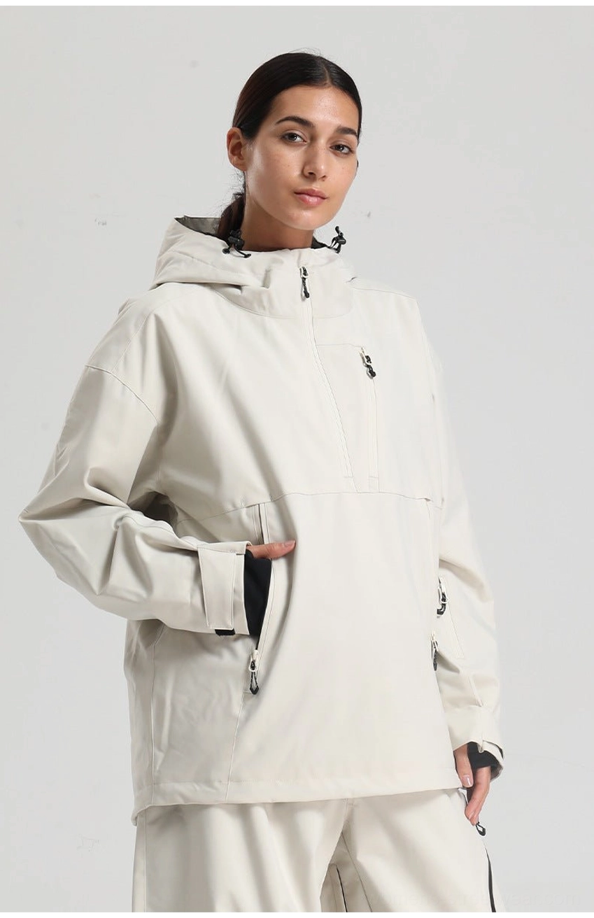 Women’s oversized waterproof ski anorak jacket side zipper entry construction detail