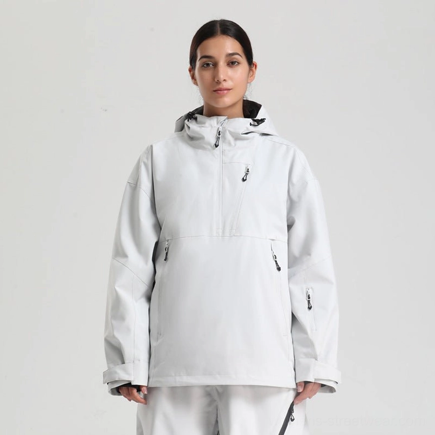 Women’s oversized waterproof ski anorak jacket technical outerwear design detail