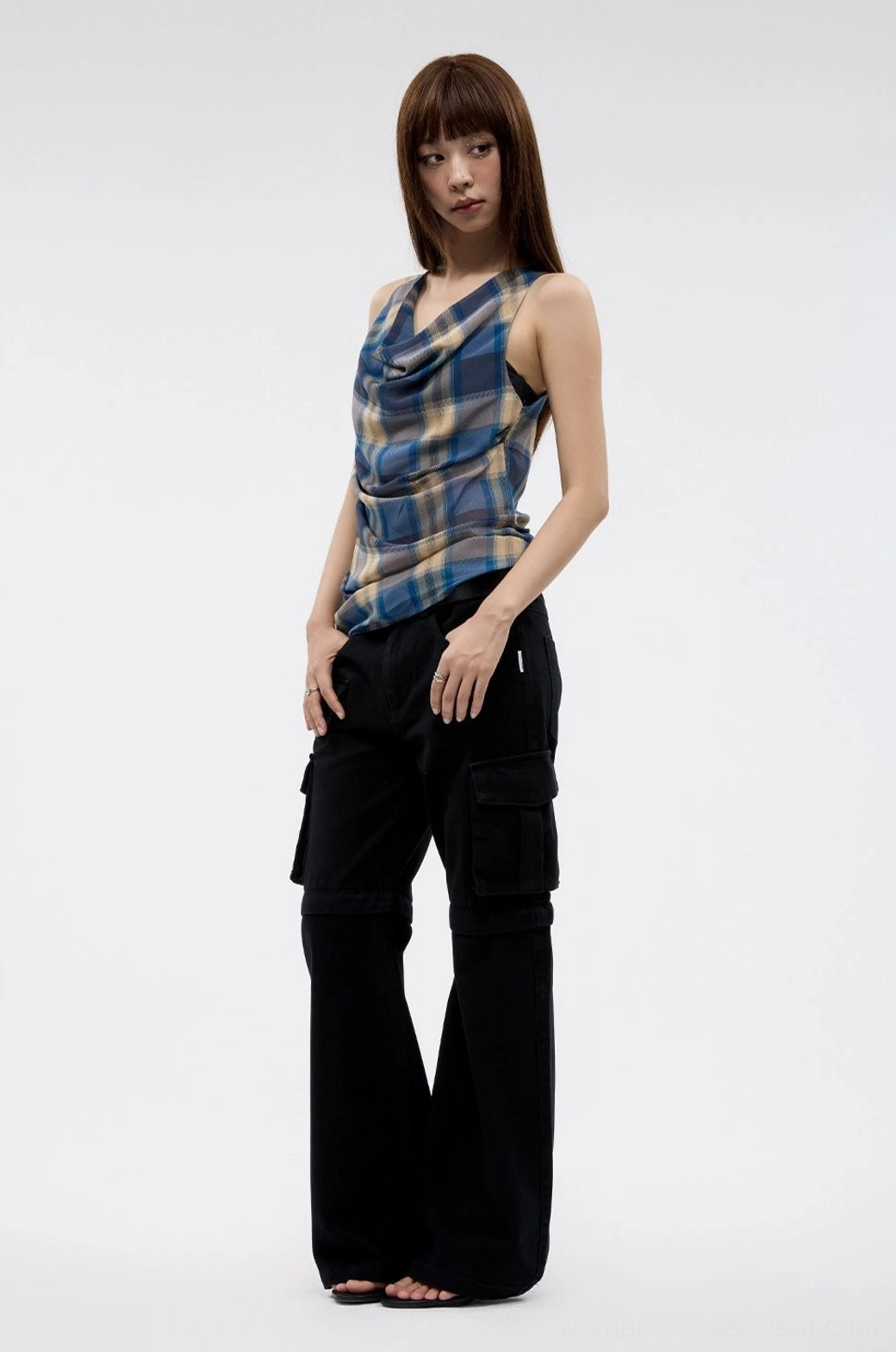 Women's plaid cowl neck sleeveless tank top in Y2K Korean streetwear style