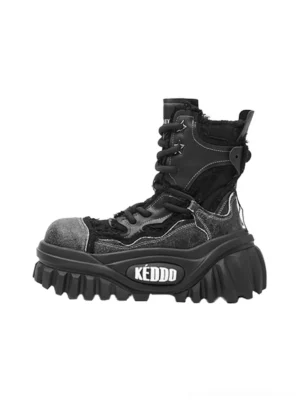 Black women's punk platform combat work boot with distressed leather and canvas upper, lace-up front, chunky ridged sole, and ankle-height streetwear silhouette