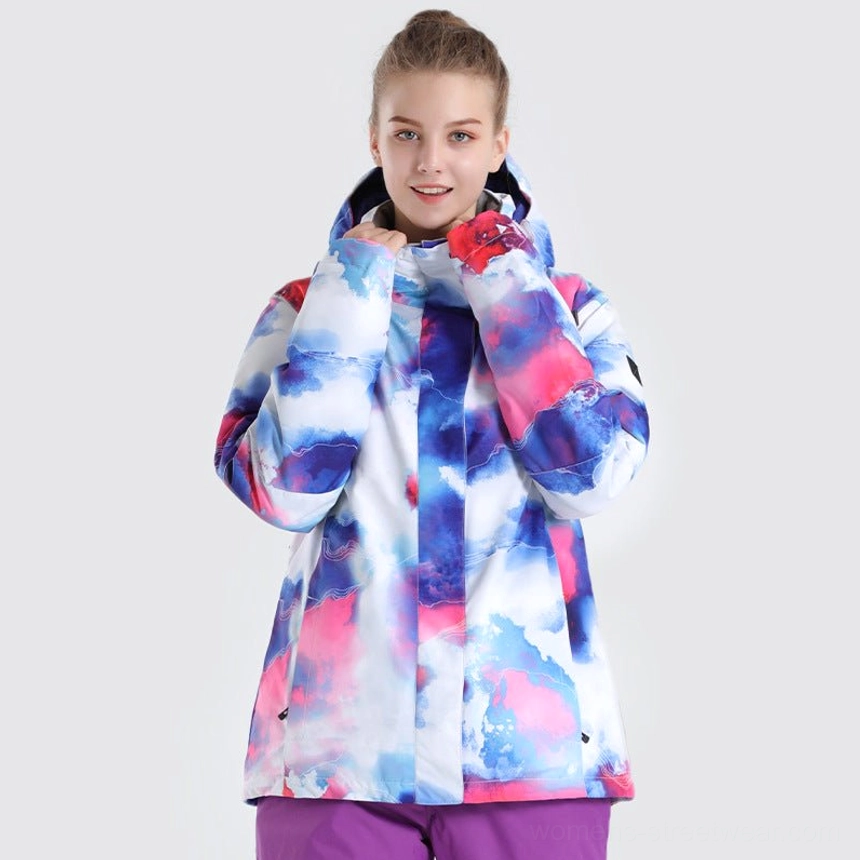 Women’s purple cloud ski shell jacket with blue pink white tie-dye nebula print hooded snap collar and patterned cuff detail