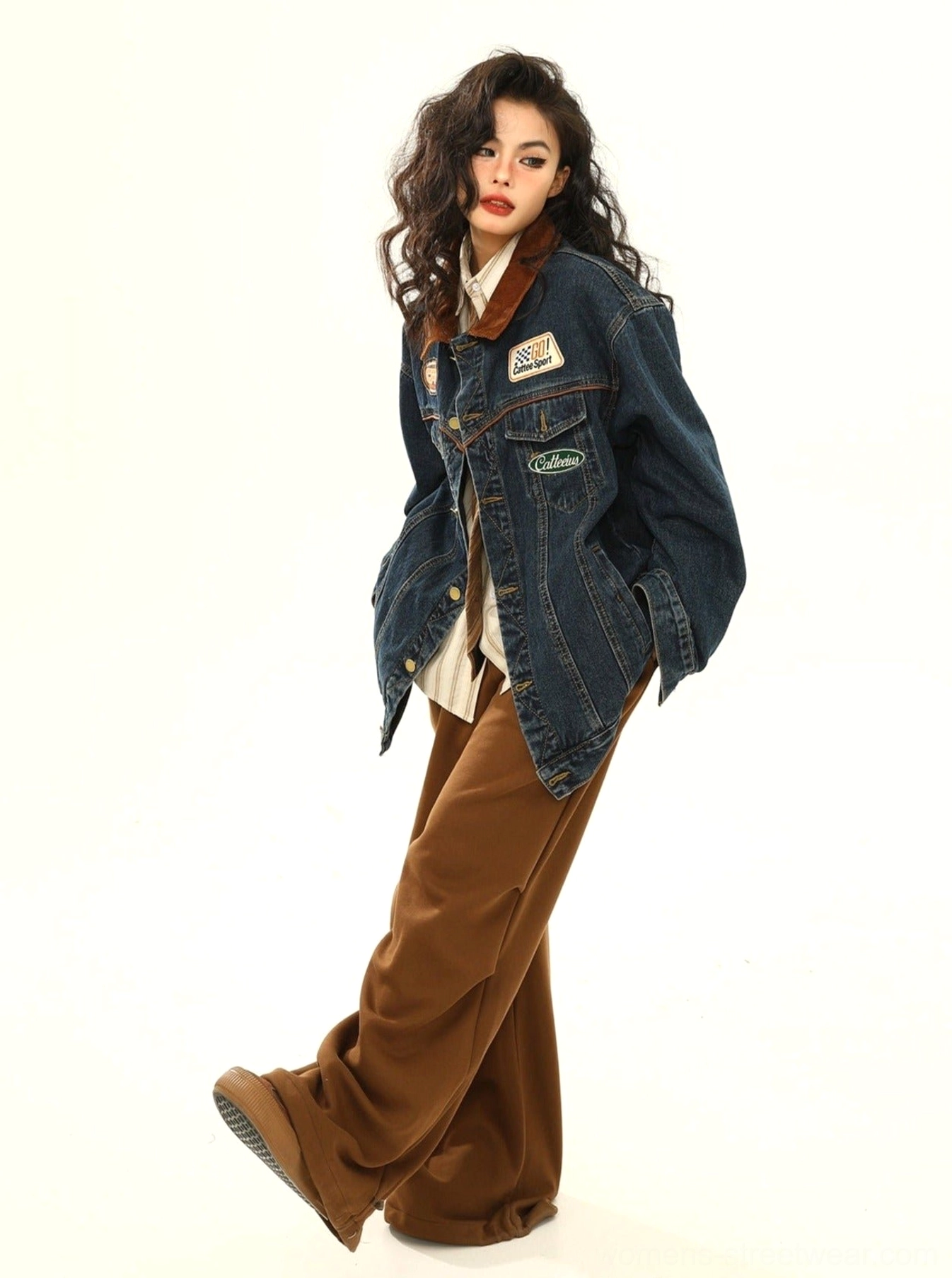 Women's racing patch denim jacket with corduroy collar and embroidered motorsport details product image