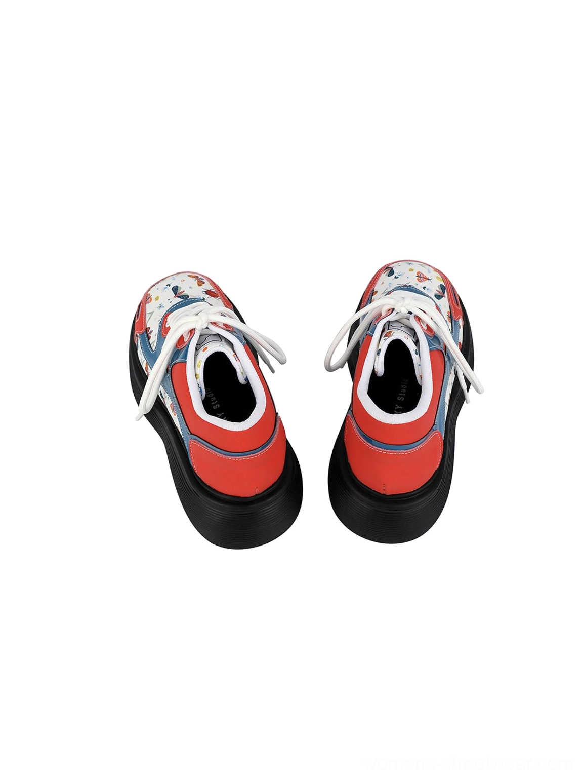 Women's red butterfly print lace-up platform derby shoes with colorful streetwear panel design
