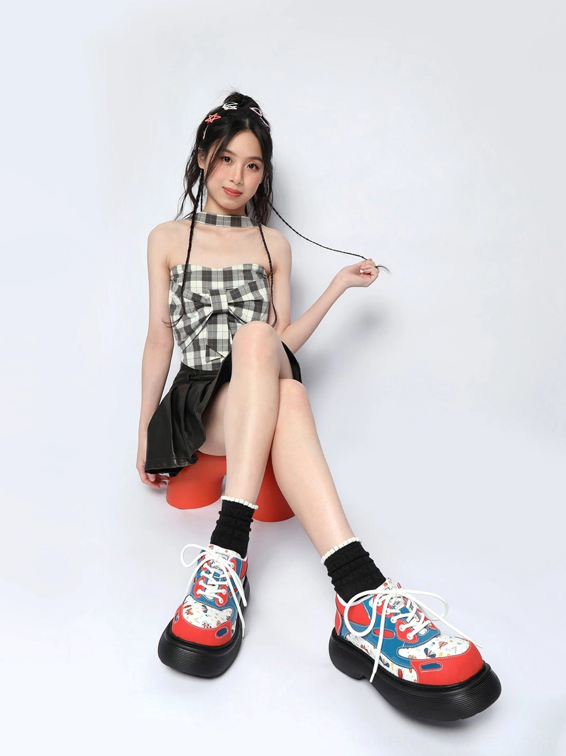 Full seated Y2K streetwear styling with women's red butterfly print platform derby shoes