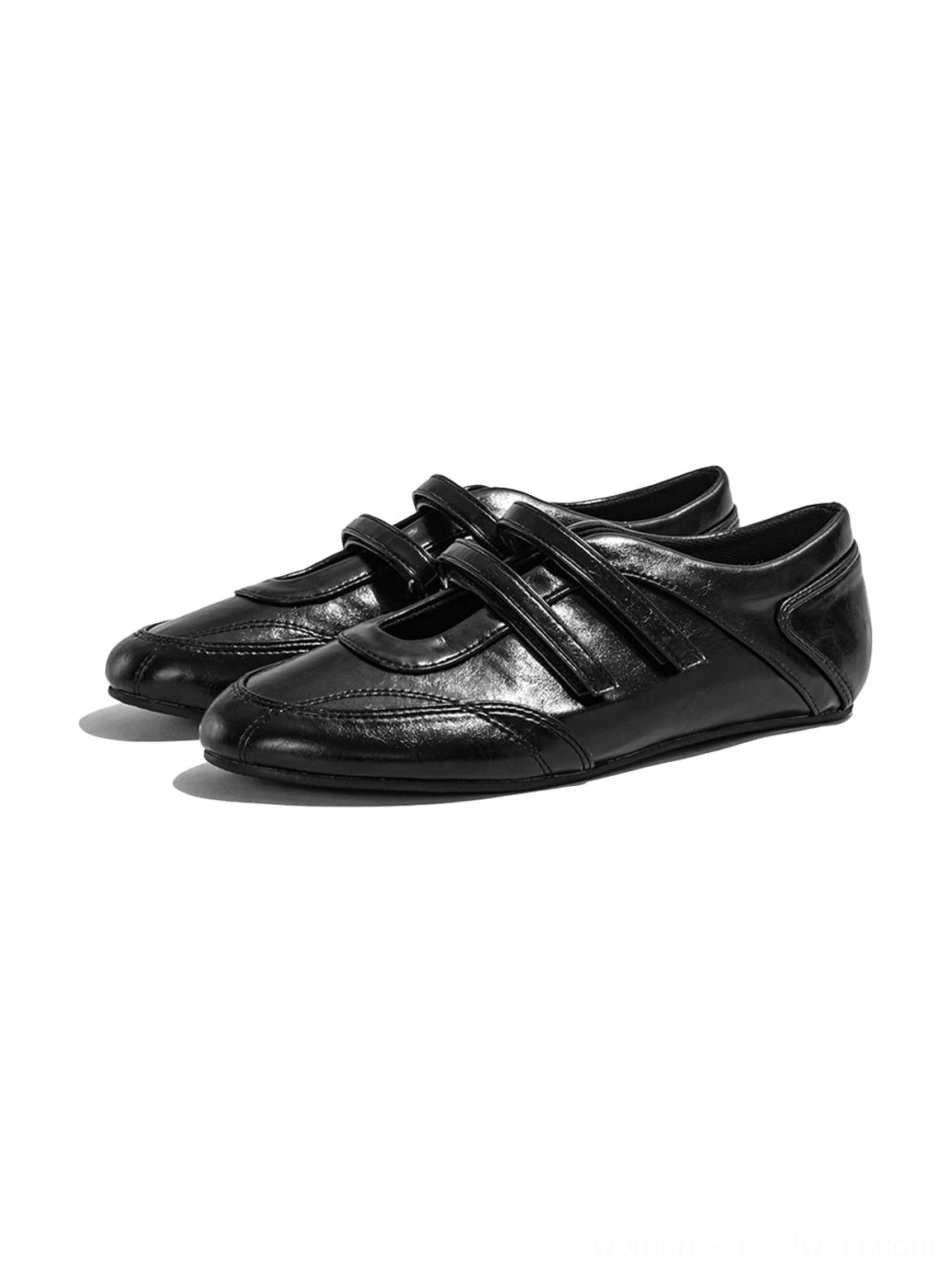 Women's red crisscross strap flats with softly rounded toe and polished leather-look finish