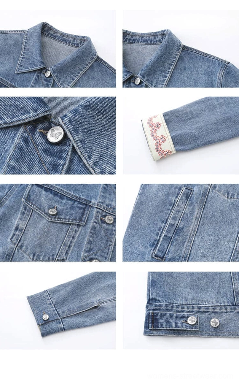 Women’s relaxed denim jacket in a classic trucker silhouette with contrasting collar and visible topstitching