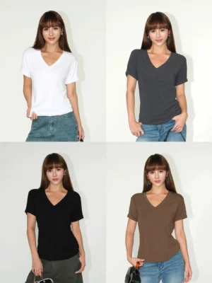Women's relaxed V-neck rolled sleeve viscose knit tee in pearl white dark gray black and brown green color options