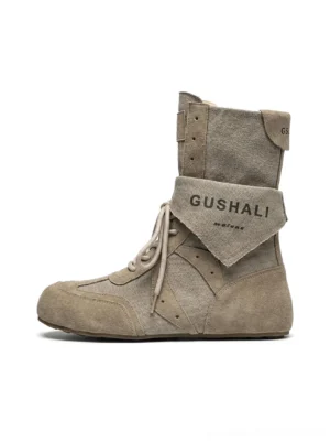 Taupe retro boxing mid-calf trainer boot side profile with lace-up front and ankle strap detail