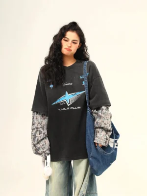 Women's retro racing star plaid layered oversized streetwear tee front view in washed black with blue graphic print