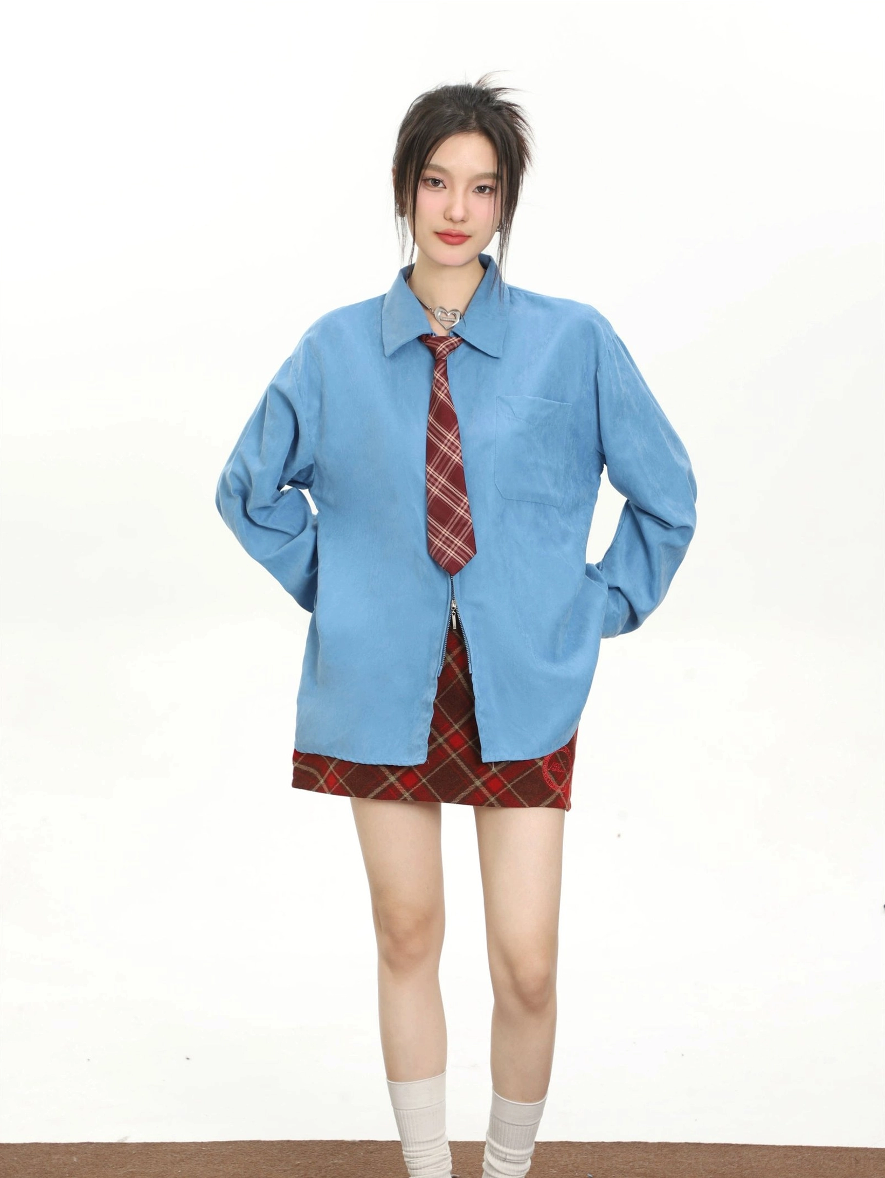 Blue oversized retro long sleeve shirt with red plaid tie and chest pocket for women's streetwear styling