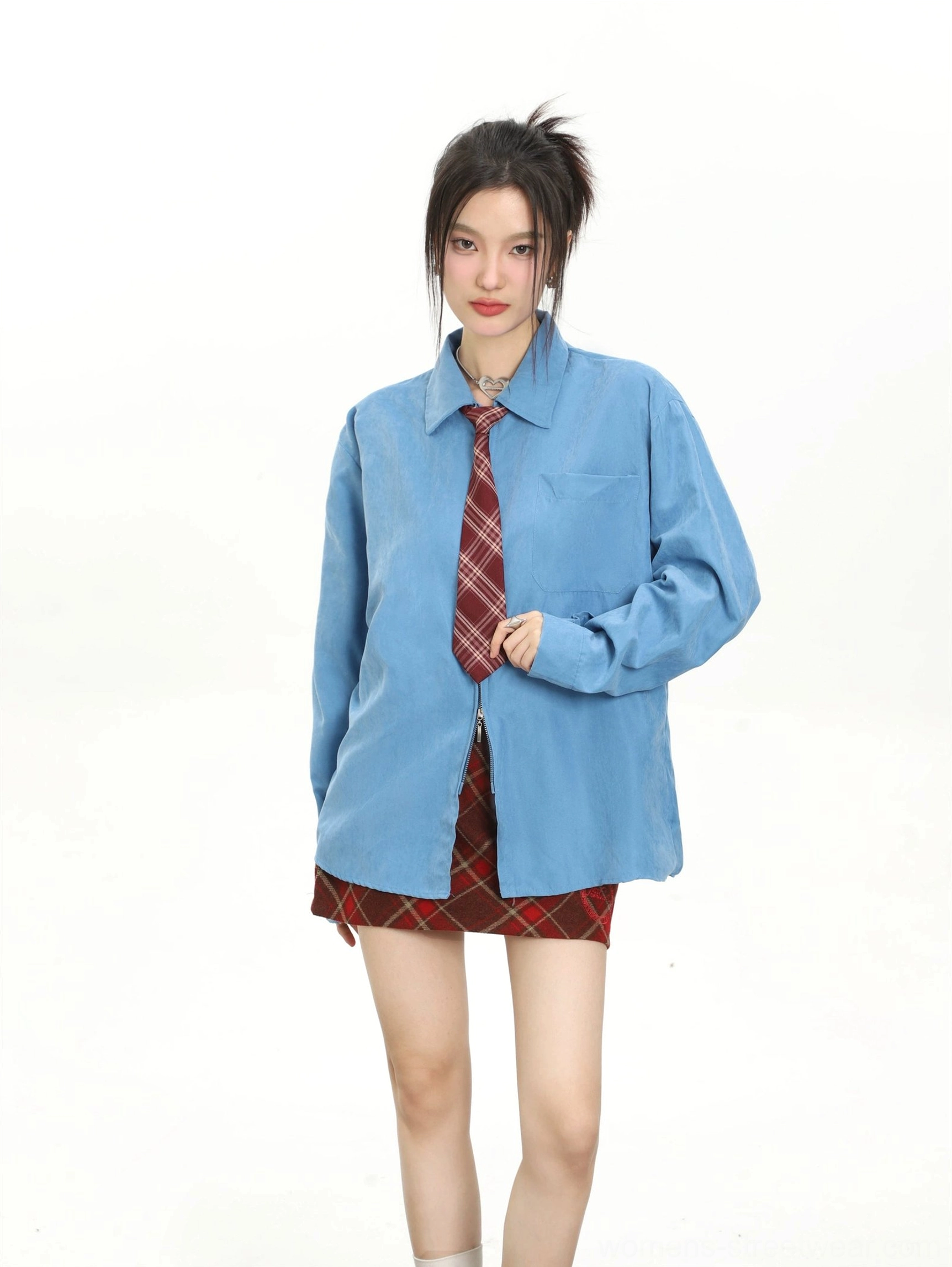 Women's blue retro oversized long sleeve shirt with red plaid tie and relaxed streetwear fit