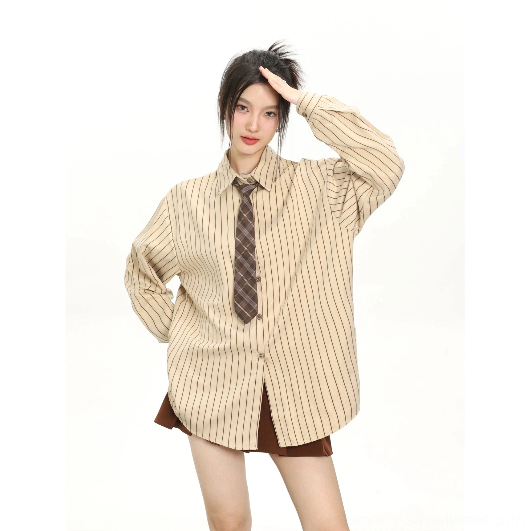 Women's khaki retro tie oversized long sleeve streetwear shirt colorway