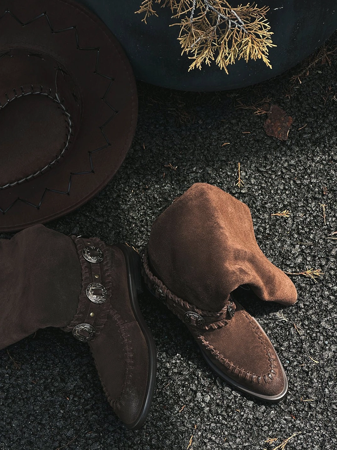 Women's retro western suede-textured knee-high riding boots designed with metal buckle accents and everyday streetwear appeal