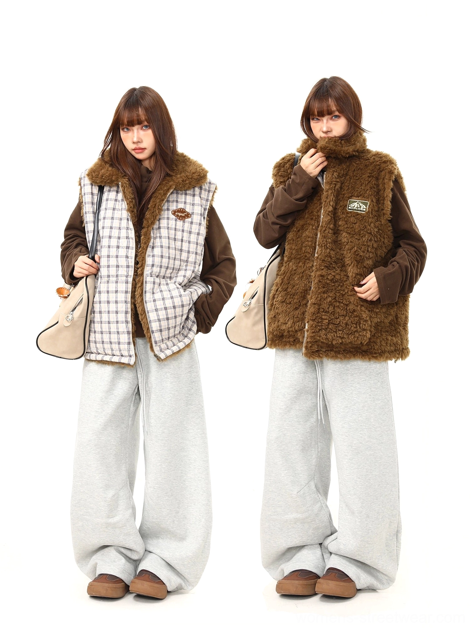 Women's reversible plaid sherpa vest showing both quilted check and solid brown teddy fleece wearable sides