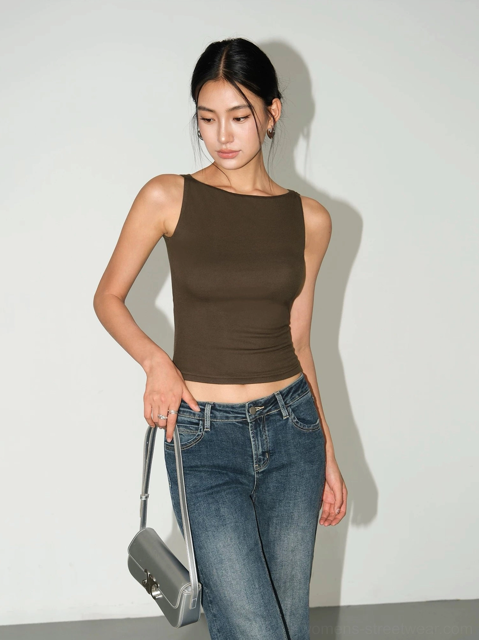 Dark brown women's ribbed boat neck cropped tank top fitted minimalist streetwear styling view
