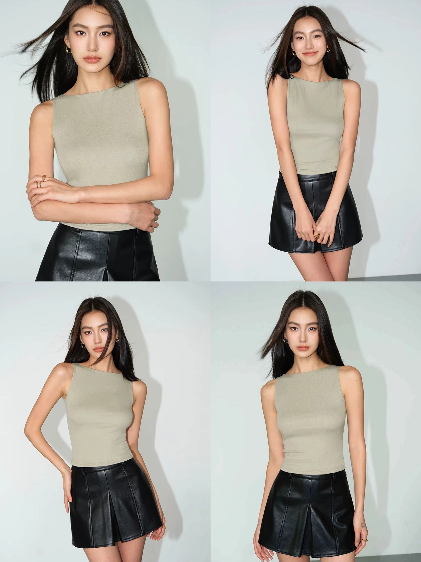 Khaki women's ribbed boat neck cropped tank top fitted sleeveless Seoul fashion outfit view