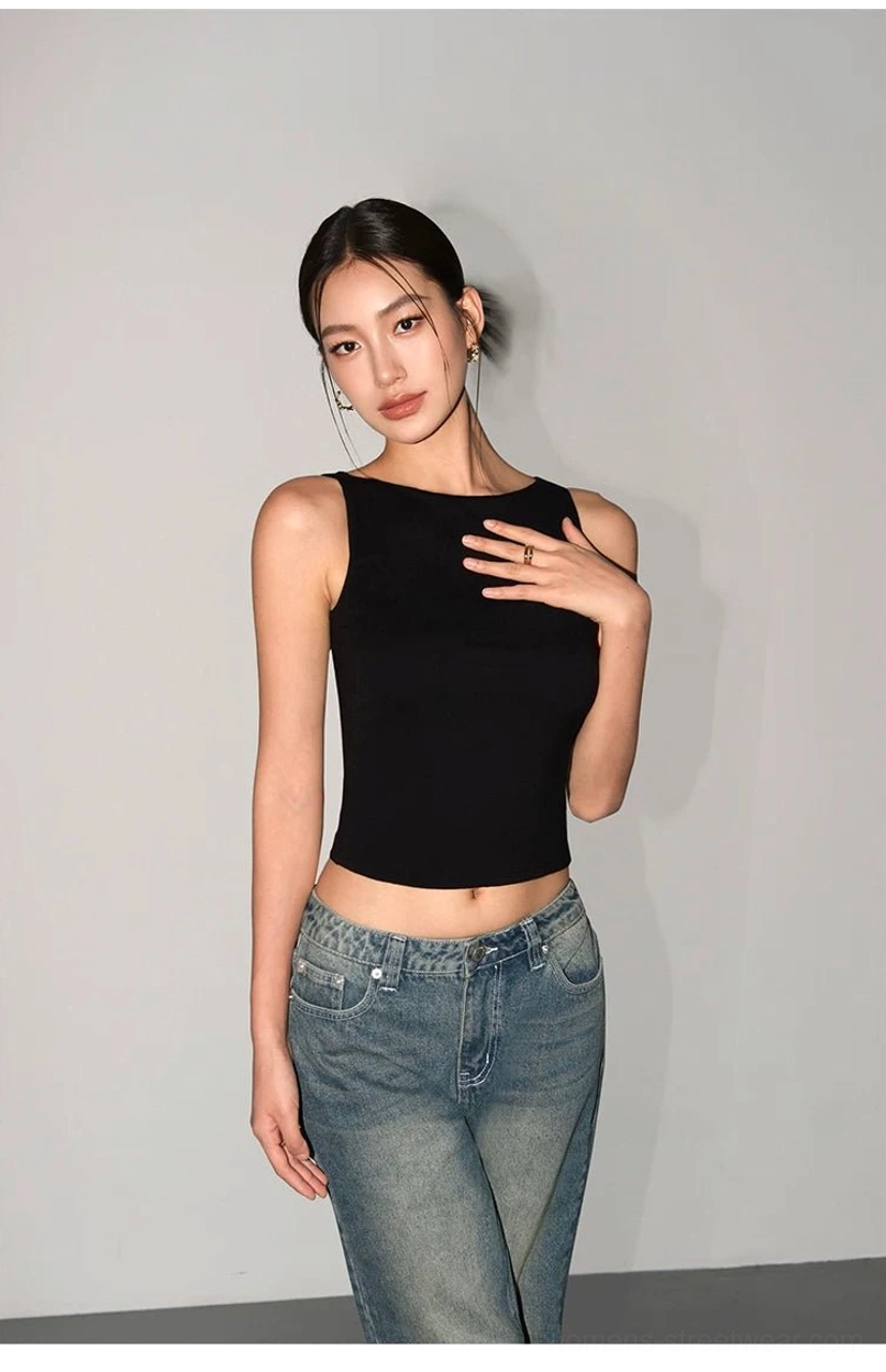 Women's ribbed boat neck cropped tank top minimalist Seoul streetwear styling detail view