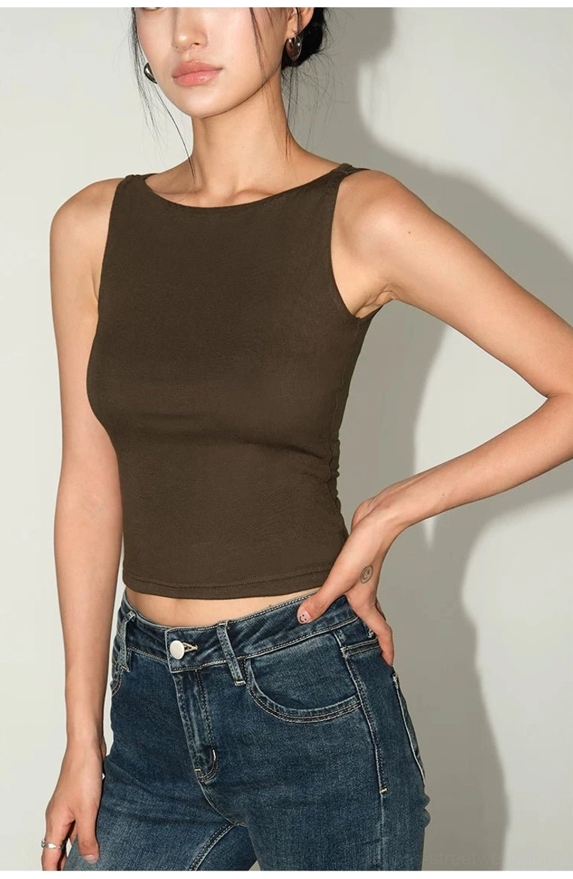 Women's ribbed boat neck cropped tank top soft stretch viscose knit streetwear outfit view