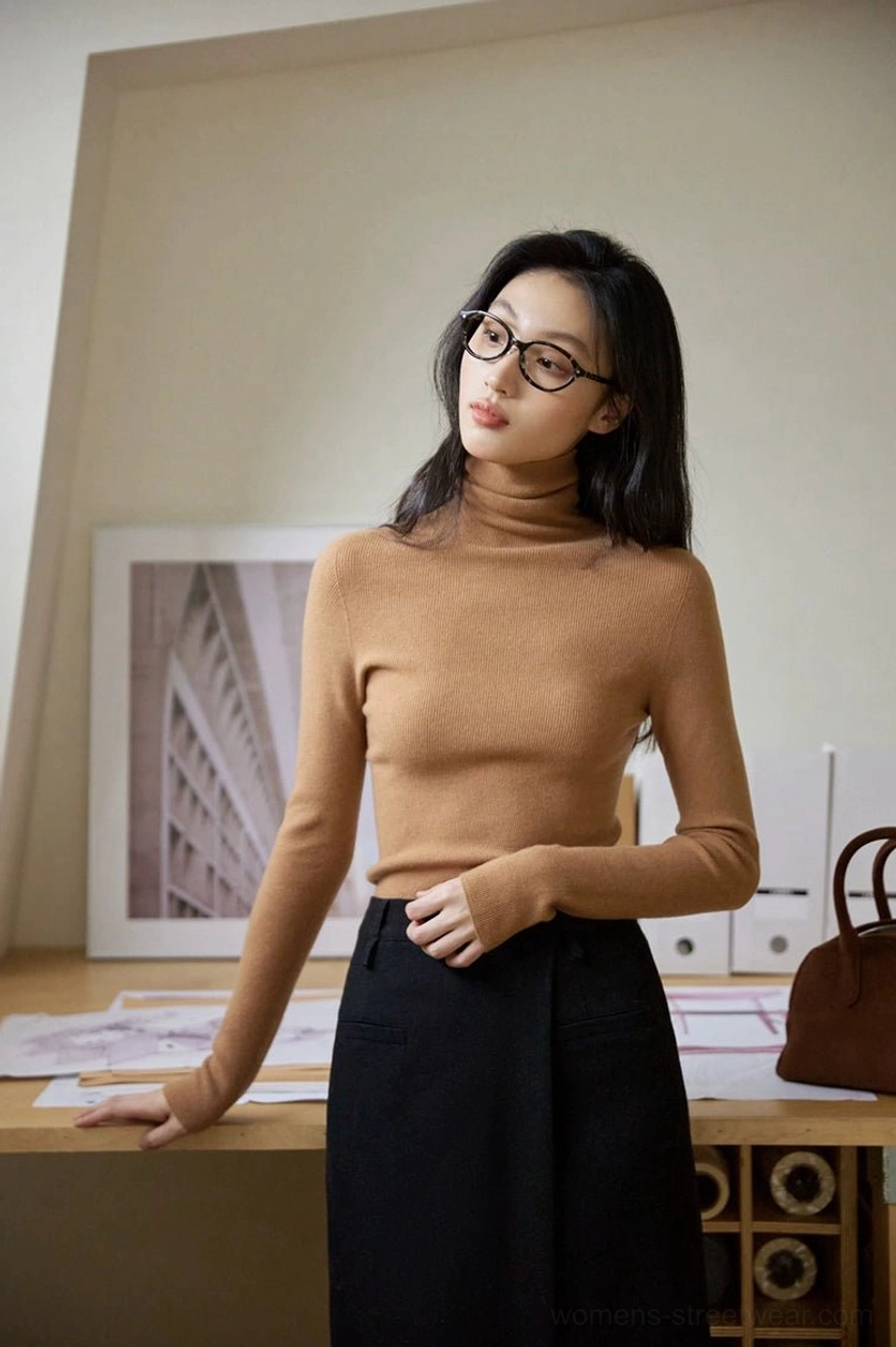 Women's ribbed mock neck knit sweater in a slim silhouette for Korean streetwear layering and everyday styling