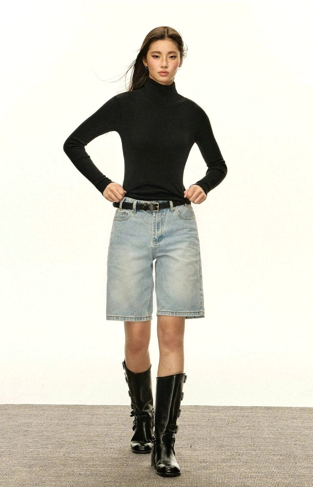 Women's ribbed turtleneck slim-fit knit sweater versatile layering outfit view