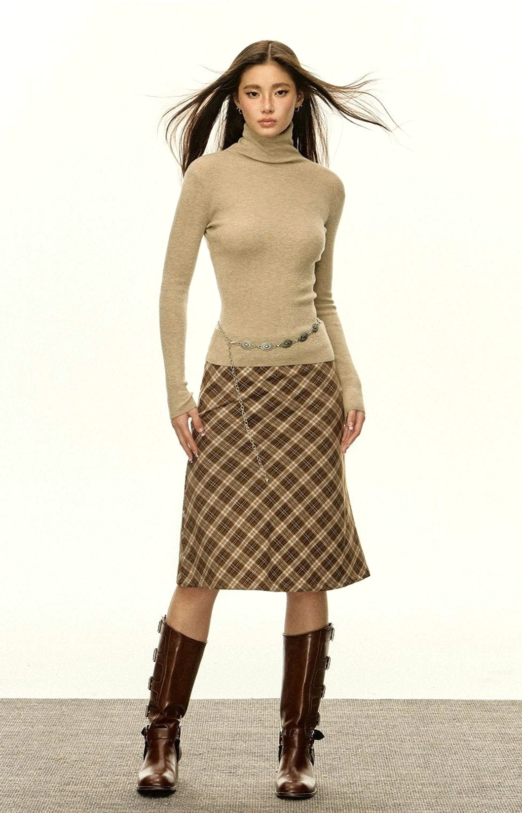 Women's ribbed turtleneck slim-fit knit sweater minimalist streetwear styling view
