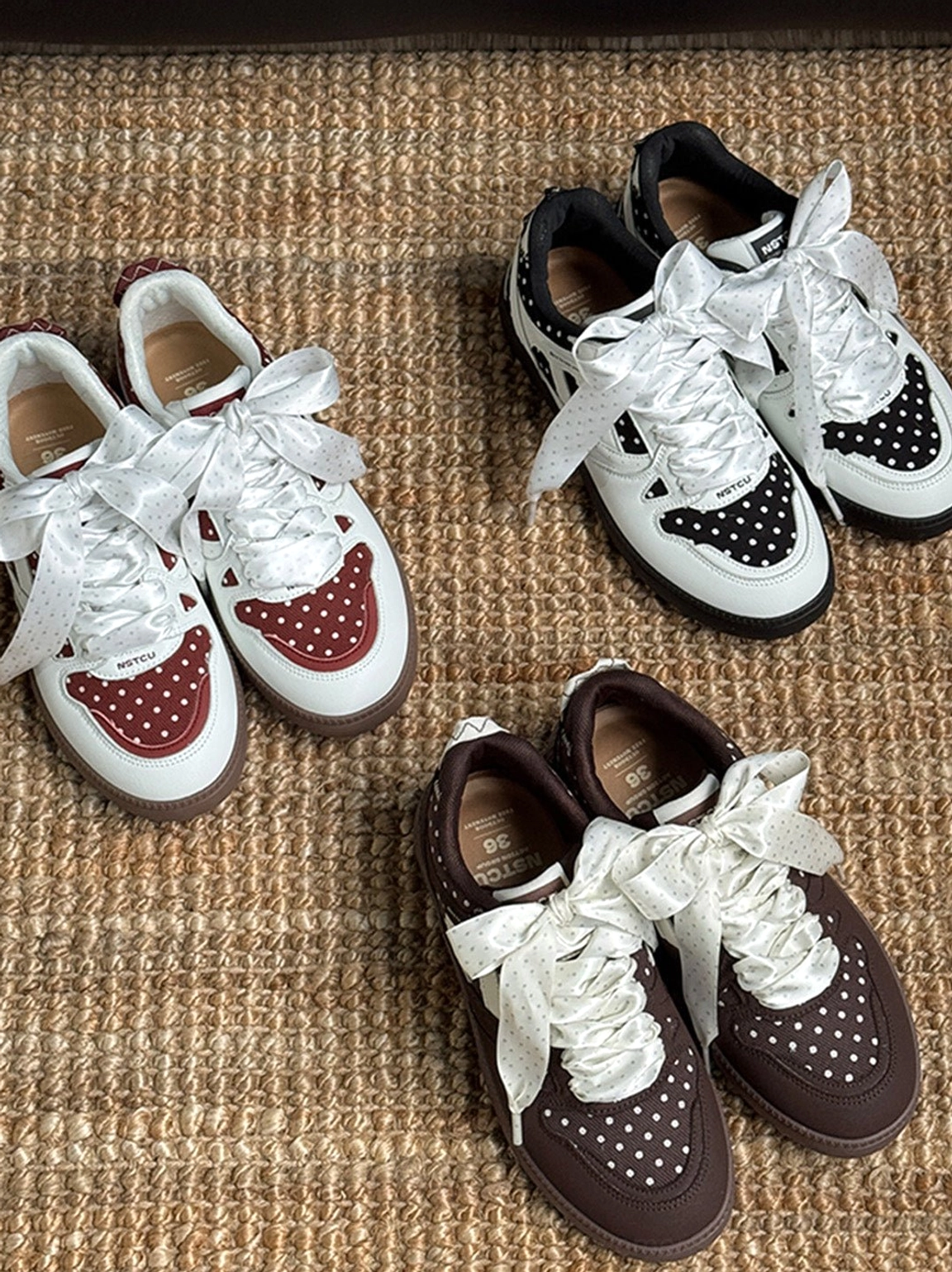 Women's ribbon lace skate sneakers with playful polka dot accents for Y2K and Korean streetwear looks