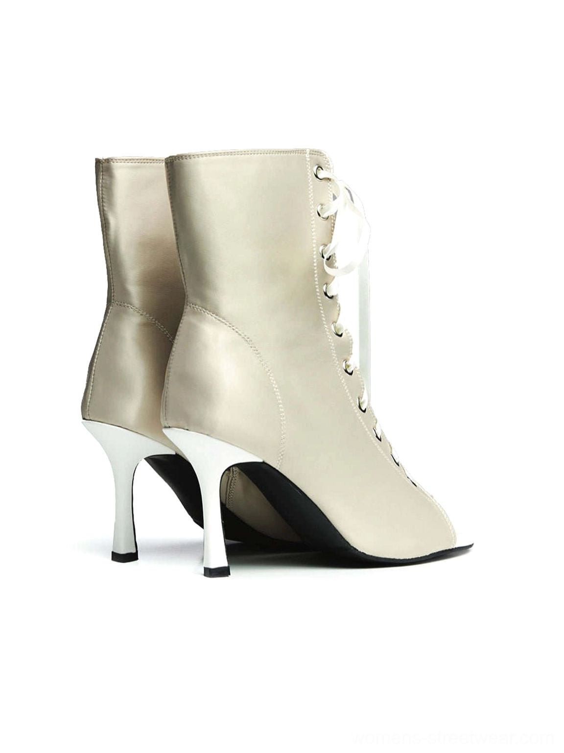 Women's satin ankle stiletto heels with open toe, ribbon laces, and sleek eveningwear silhouette