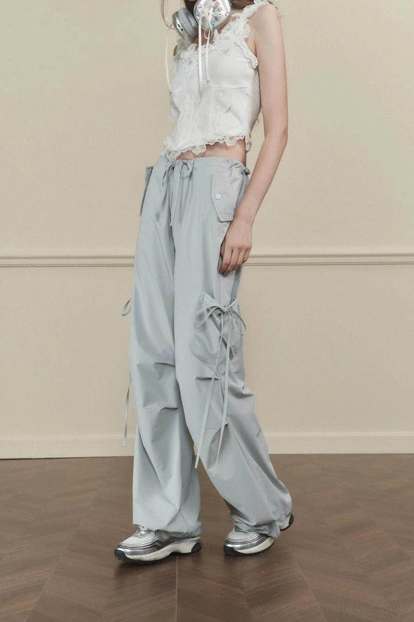 Women's side-tie wide-leg cargo pants Korean streetwear full-length utility trousers product detail view