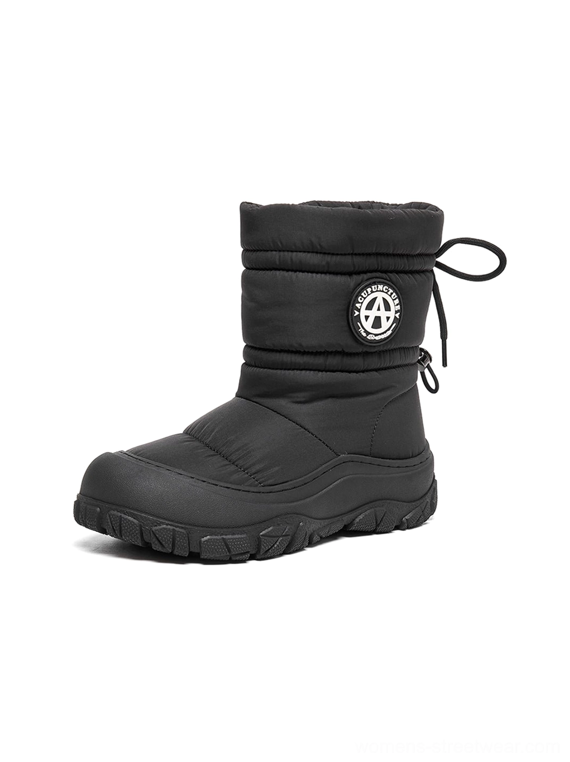 Women's drawstring puffer snow boots in silver with a reflective finish and chunky winter-ready outsole