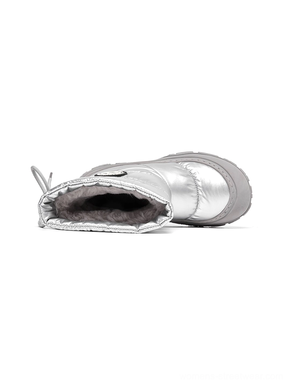 Women's silver drawstring puffer snow boots with reflective quilted synthetic uppers and a rugged winter-style outsole