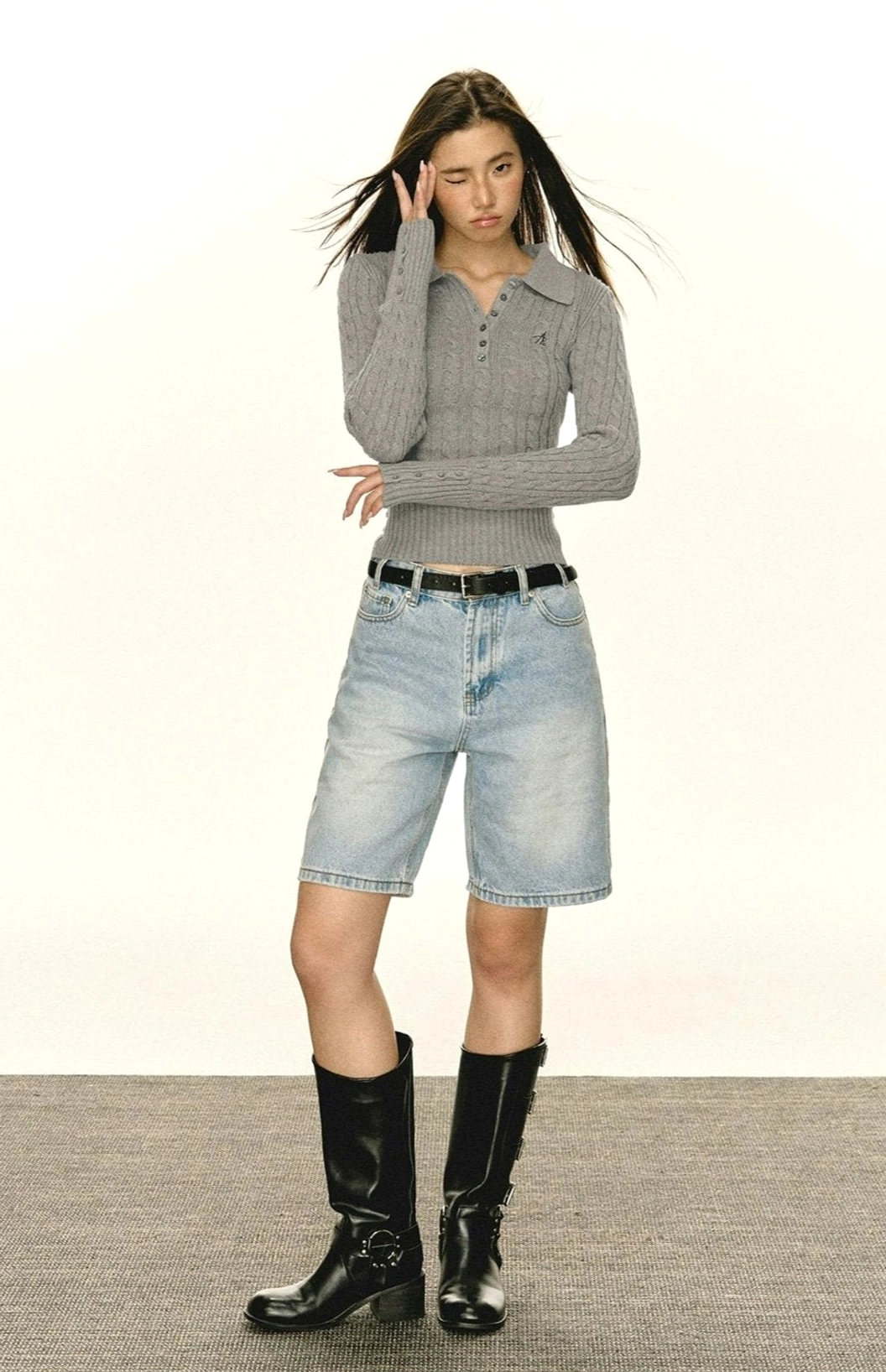 Women's fitted half-button polo sweater in cable knit for Seoul-inspired casual outfits