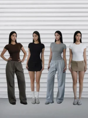 Women's slim-fit short-sleeve streetwear T-shirt color collection styled with wide-leg pants and mini skirts in Korean fashion looks