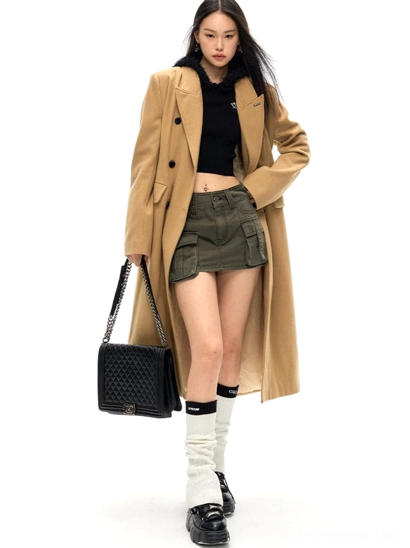 Womens slim waist double-breasted wool overcoat with classic notched lapel detail