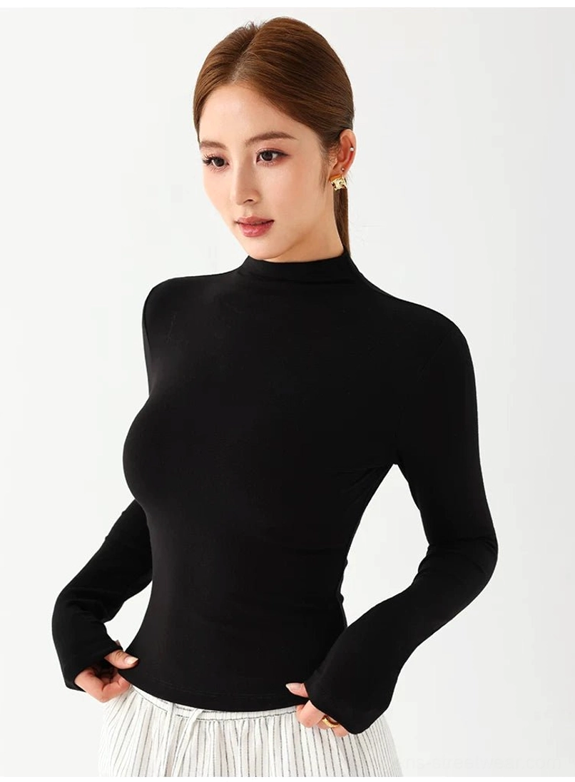 Women's soft viscose spandex mock neck knit top designed for comfortable minimalist layering