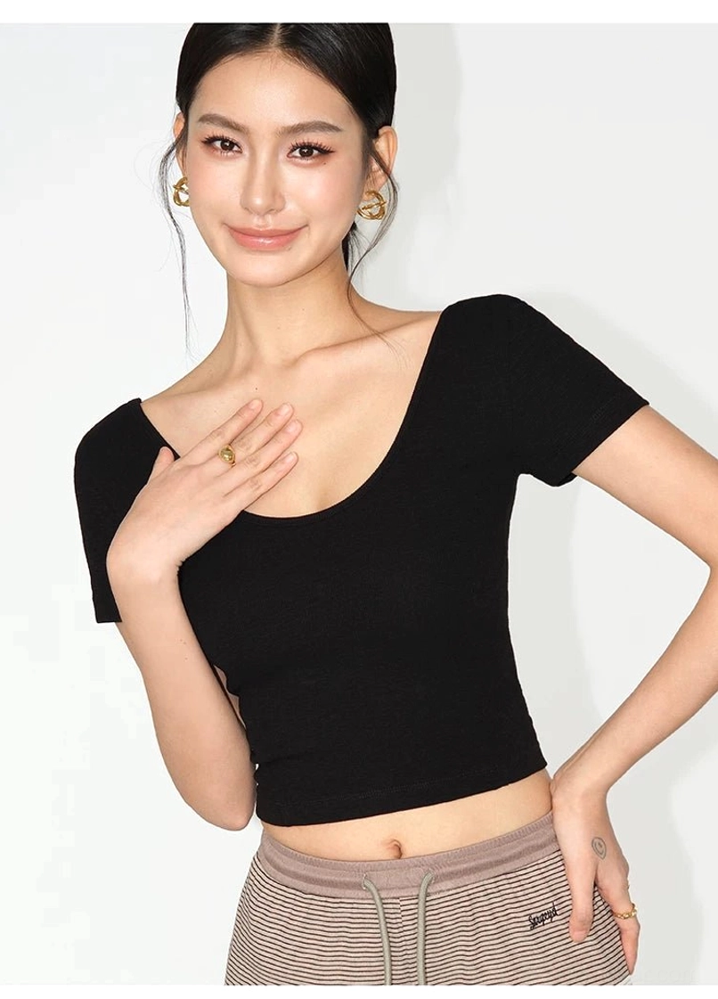 Women's square neck cropped ribbed short sleeve tee showing a clean fitted silhouette for Korean streetwear styling