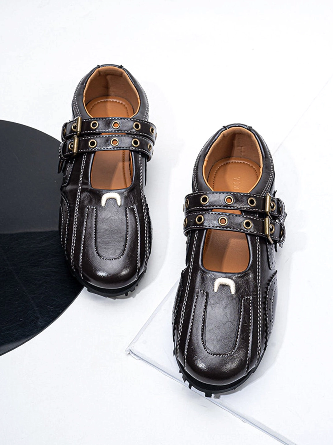 Women's square-toe studded flats in dark coffee with adjustable buckle straps