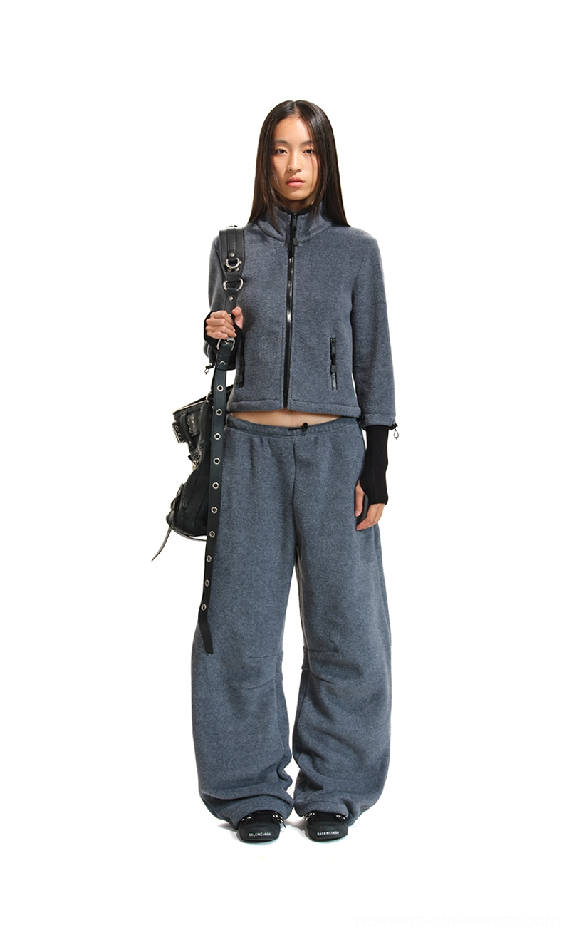 Women's stand-collar cropped fleece jacket and adjustable waist curved-leg pants outfit